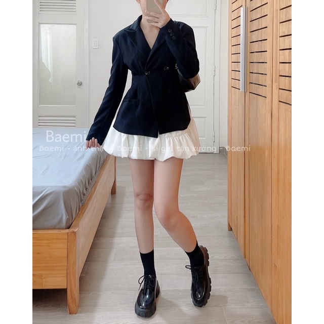 [Ảnh thật] Set vest xẻ mix chân váy xoè trắng đen, nữ sinh Hàn Quốc, phong cách Ulzzang