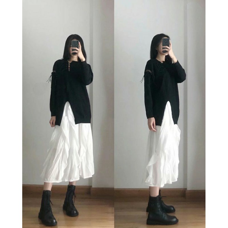 Set áo len xẻ tà + chân váy trắng cách điệu phong cách Hàn Quốc