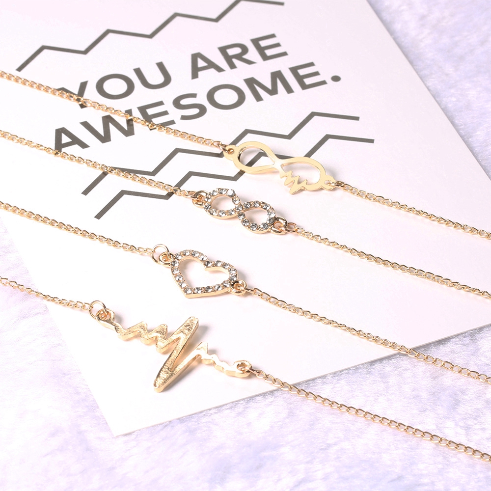 Set 4 vòng tay hình trái tim đính kim cương phong cách Hàn Quốc thanh lịch cho nữ