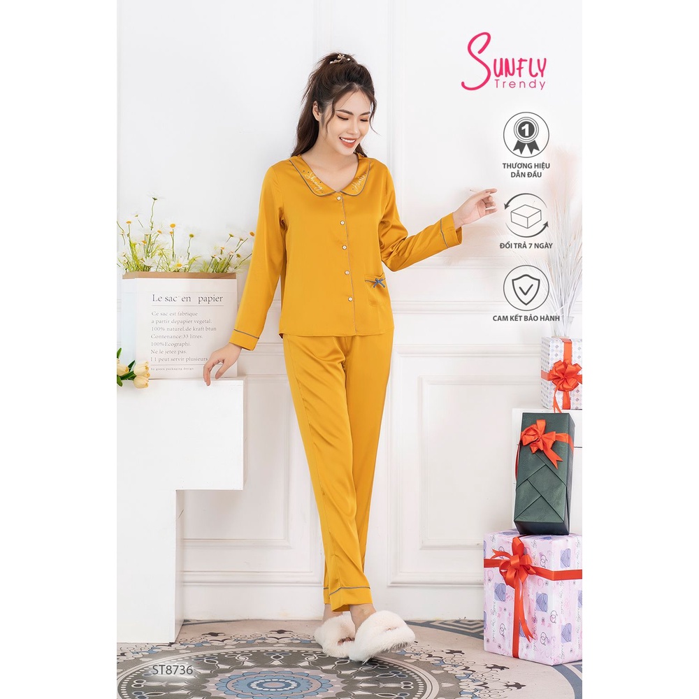 Bộ đồ mặc nhà nữ pijamas lụa SUNFLY áo dài quần dài ST8736