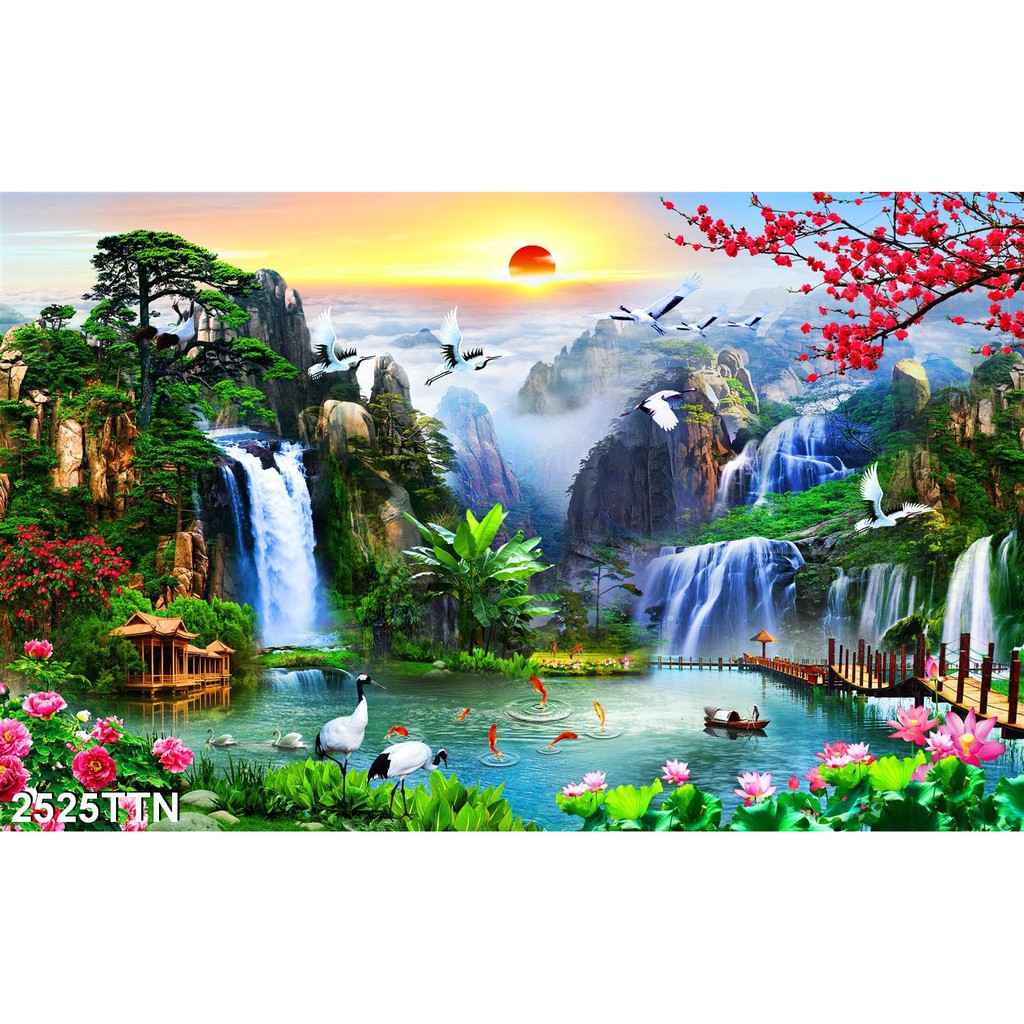 TRANH DÁN TƯỜNG 3D SƠN THUỶ HỮU TÌNH THÁC NƯỚC ĐẸP NHIỀU MẪU - TRANH NON NƯỚC HỮU TÌNH