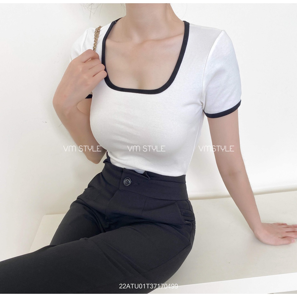 Áo thun tay ngắn cổ U viền màu nhiều màu nữ ulzzang thời trang VM STYLE 22ATU01T371704