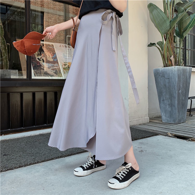 Solid color high waist chiffon Korean version lace-up one-piece skirt women's spring and summer mid-length A-line beach wrap skirt