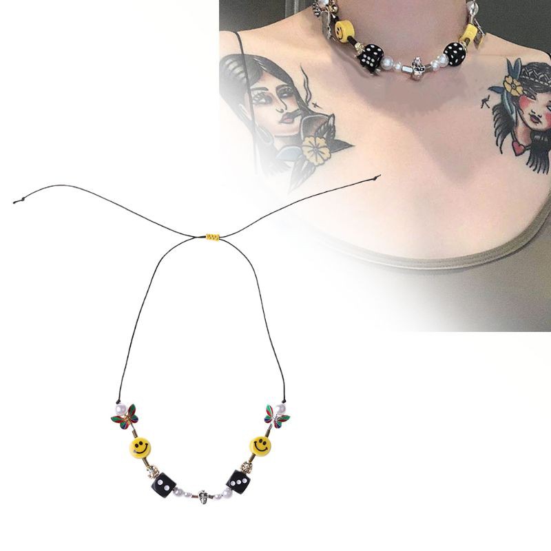 Vòng Cổ Choker Mặt Hình Xúc Xắc Đầu Lâu Mặt Cười Phối Ngọc Trai Cá Tính Thời Trang