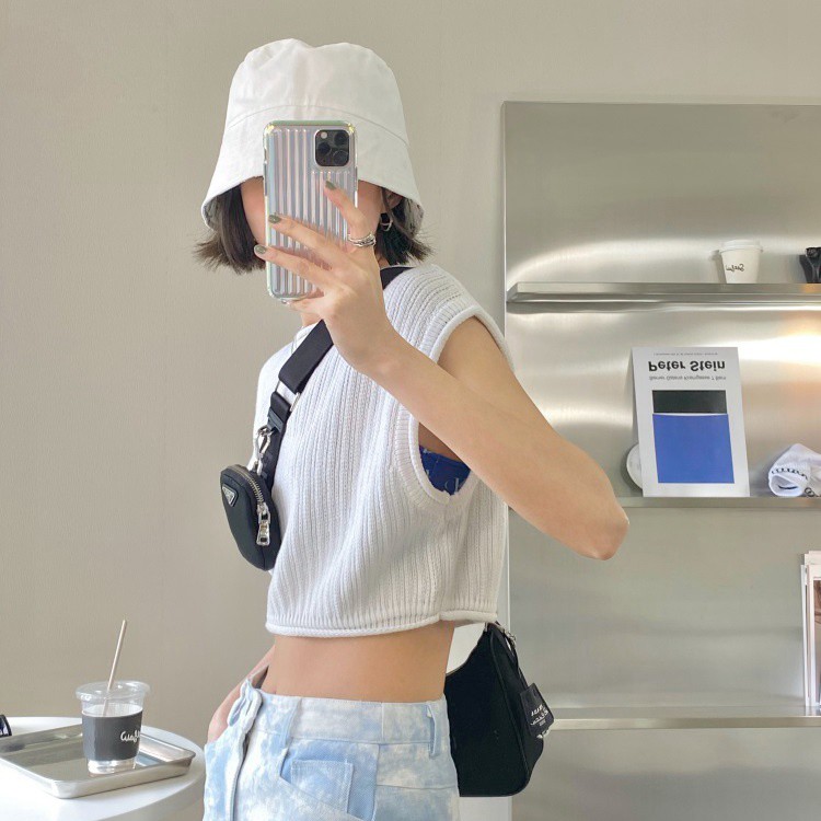 Xiaozhainv Áo croptop dệt kim sát nách màu trơn thời trang hè Hàn Quốc có 2 màu tùy chọn cho nữ