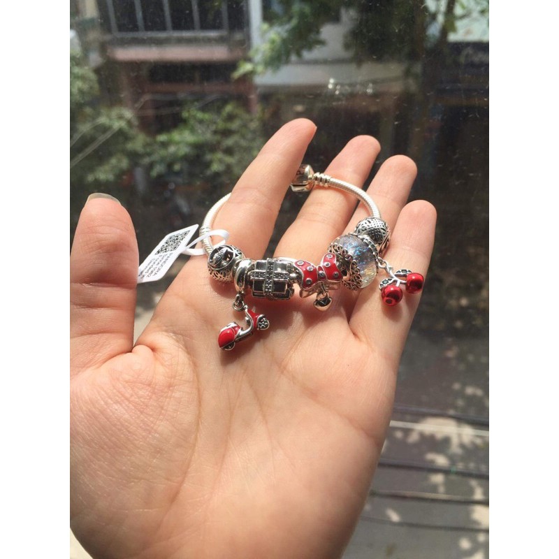 Hạt charm glass kim tuyến bạc lõi tim
