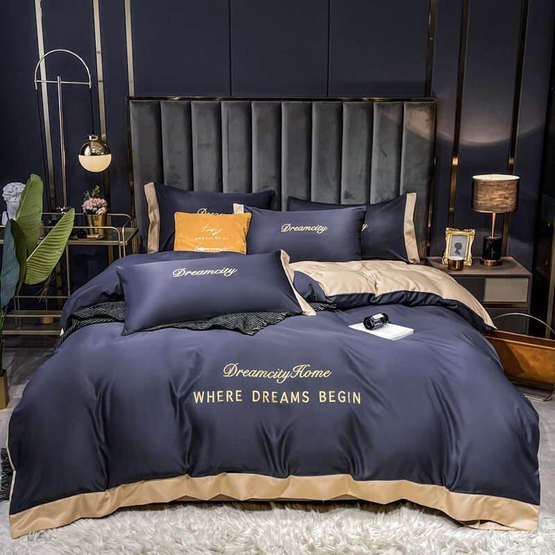 Set ga phi lụa 4 món dreamcity, bộ chăn ga gối phi lụa thêu 4 món IGUN DECOR