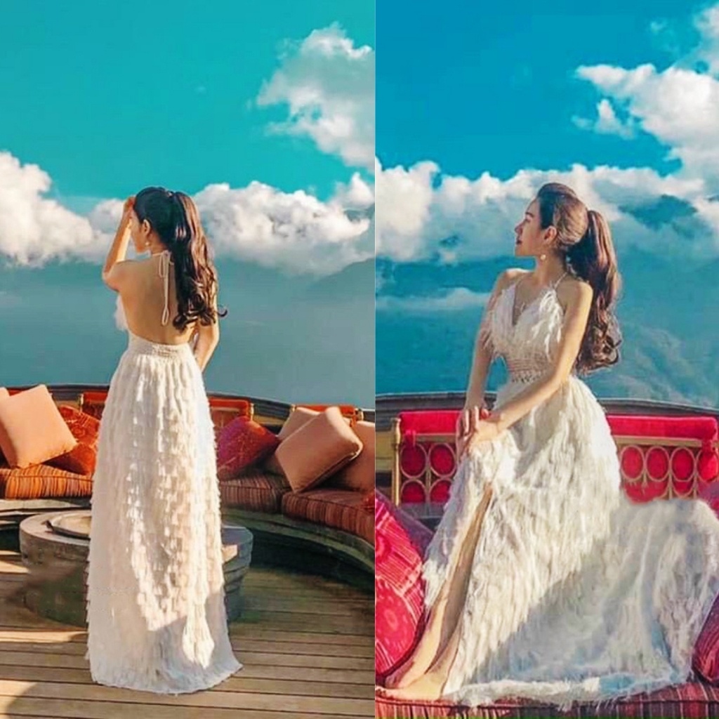Váy maxi trắng 2 dây Lông Vũ hở lưng dáng dài siêu sang xinh đẹp (hình sàn chụp thật)