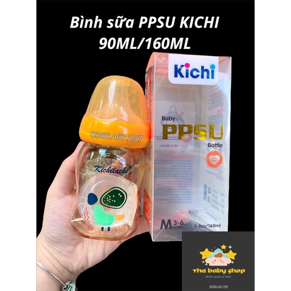 BÌNH SỮA SƠ SINH PPSU KICHI CỔ RỘNG 90ML/160ML TẶNG THÊM 1 NÚM