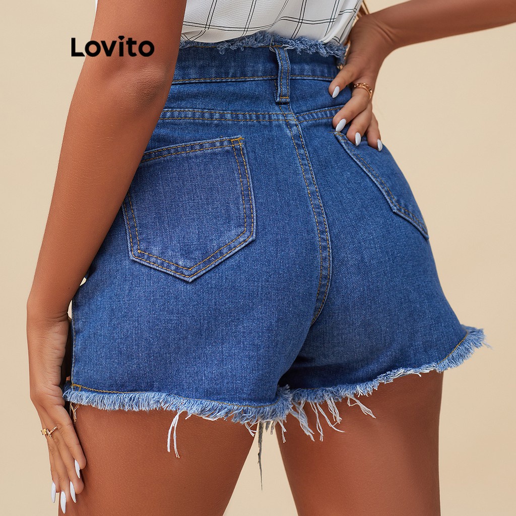 Quần short jean Lovito thiết kế đơn giản phối tua rua L14X067 (màu xanh dương đậm / trắng) | BigBuy360 - bigbuy360.vn