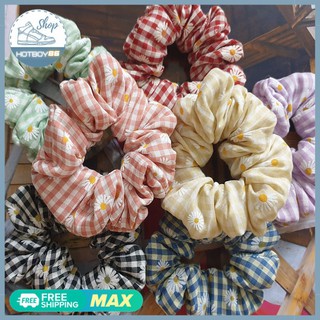 Dây buộc tóc scrunchies vải thô caro hoa cúc thời trang hàn quốc, côt toc nữ