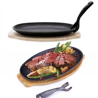 Combo 2 Chảo Gang Làm Bò Né Chống Dính Nặng 1Kg Oval Kèm Đế Gỗ Và Gắp Nóng