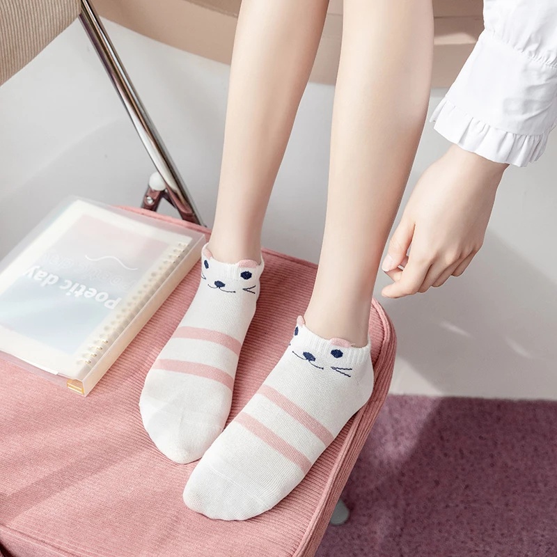 [Màu Sắc Ngẫu Nhiên] Vớ Cotton Cao Cấp Thoáng Khí Thoải Mái Họa Tiết Mèo Hoạt Hình Harajuku Đáng Yêu Dành Cho Nữ
