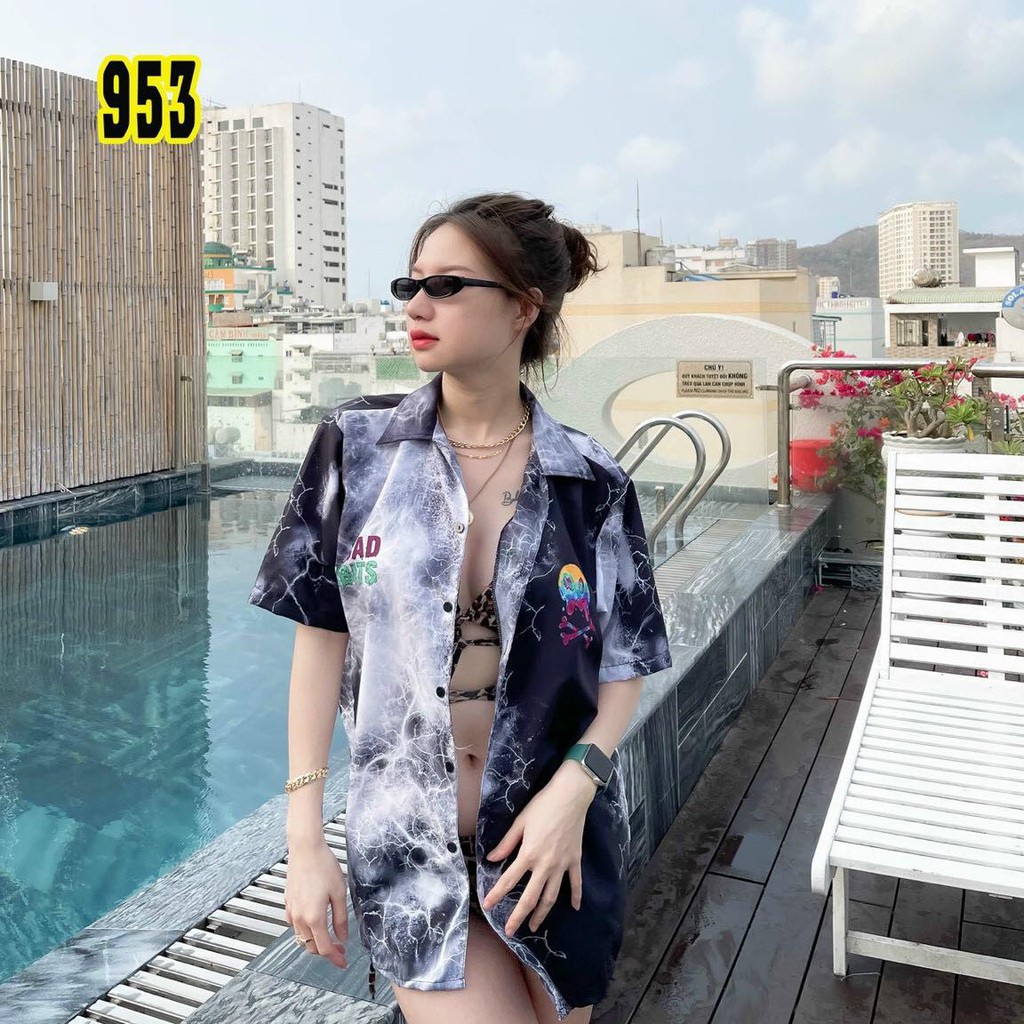 Áo sơ mi lụa nam nữ form rộng tay lở in hình đầu lâu cực cá tính, chất lụa mềm mịn, thấm hút mồ hôi tốt