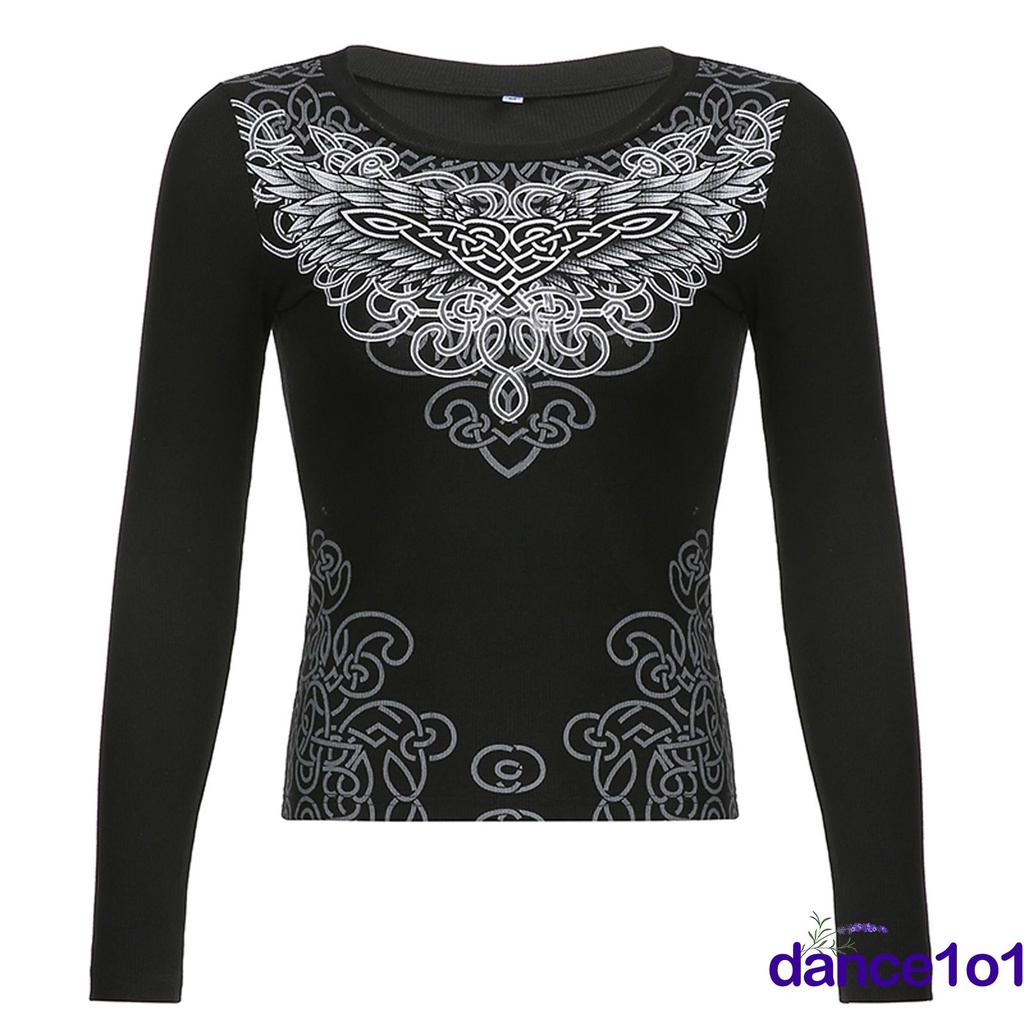 Áo thun tay dài cổ tròn dáng ôm in họa tiết độc đáo thời trang cá tính cho nữ