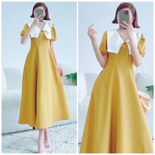 Đầm vàng cổ trắng form dài (kèm hình thật)