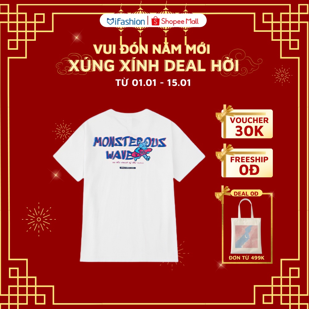 Áo thun oversize tay lỡ iFashion 100% cotton dáng unisex form rộng in chữ monterous wave H033