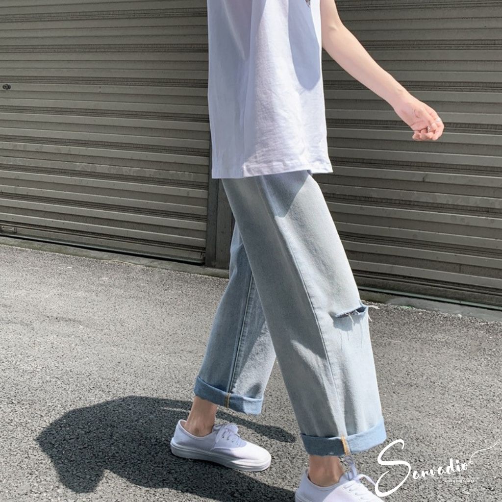 Quần Jeans dáng suông Quần nam ống rộng rách gối SANVADIO  thời trang năng động cá tính
