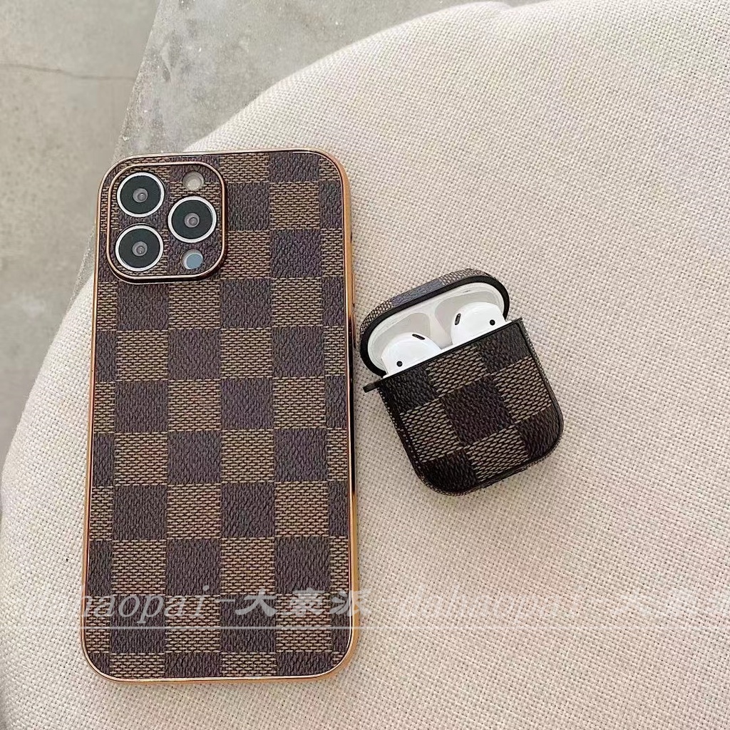 Ốp Điện Thoại Da Màu Nâu Kẻ Sọc Mạ Điện Có Ngăn Đựng Tai Nghe Cho iPhone 14 13 12 11 Pro max AirPods Pro 3 2