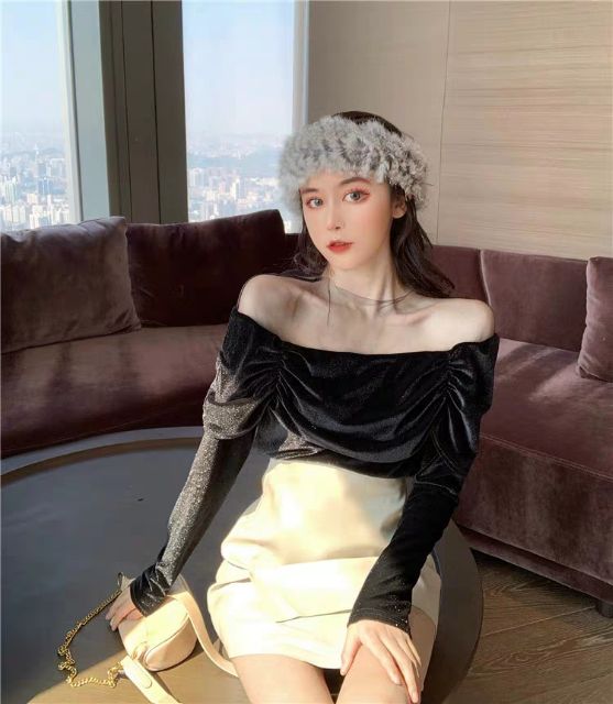 Áo nhung cổ lưới