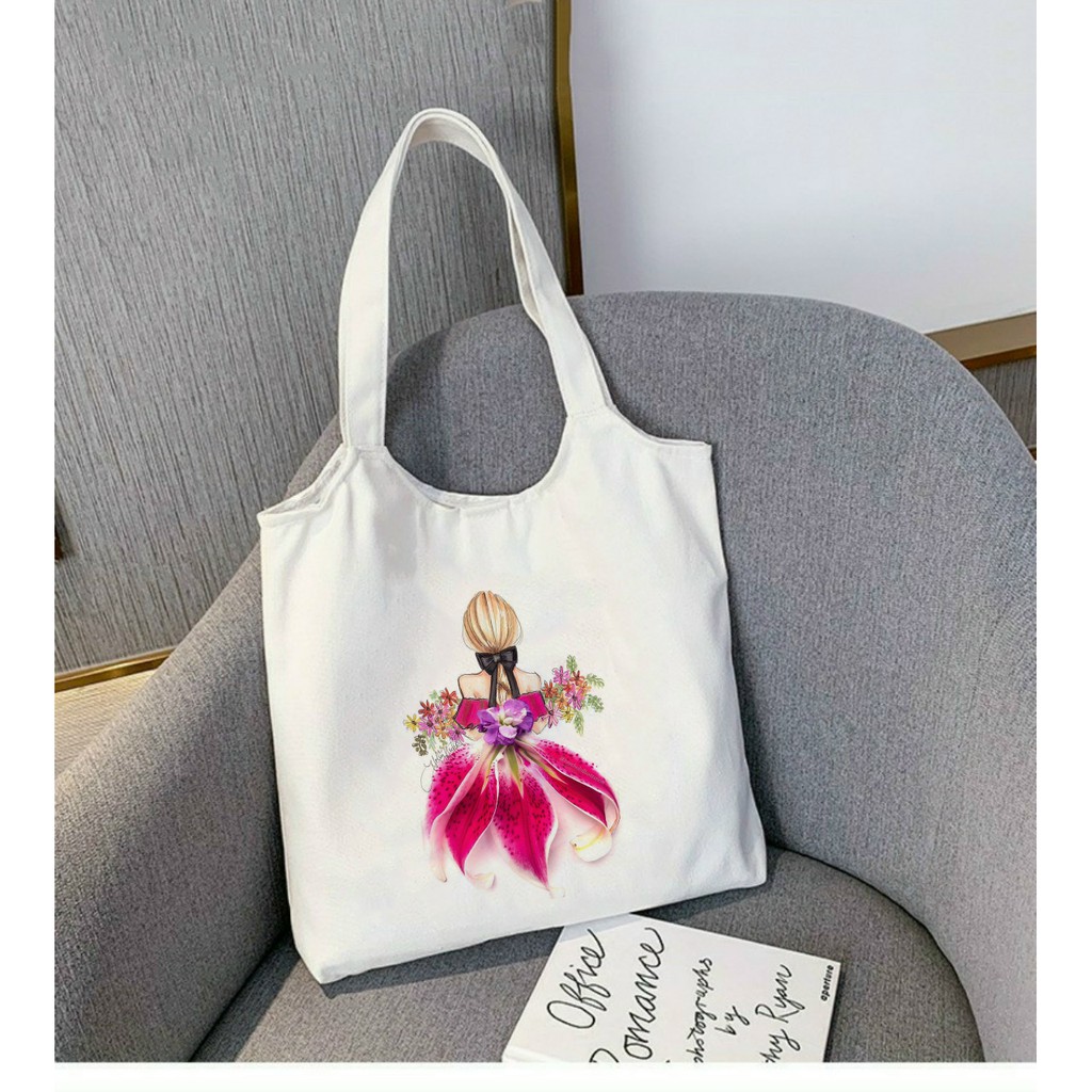 Túi Tote *BẦU* Vải Canvas đeo vai CÔ GÁI VÀ HOA - Hàn Quốc Có Khóa Miệng Túi