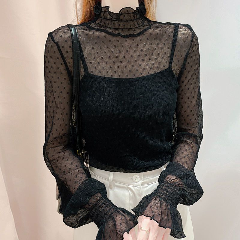 Áo Ren Lưới Tay Loe Dài Cổ Cao Phong Cách Hàn Quốc Dành Cho Nữ
