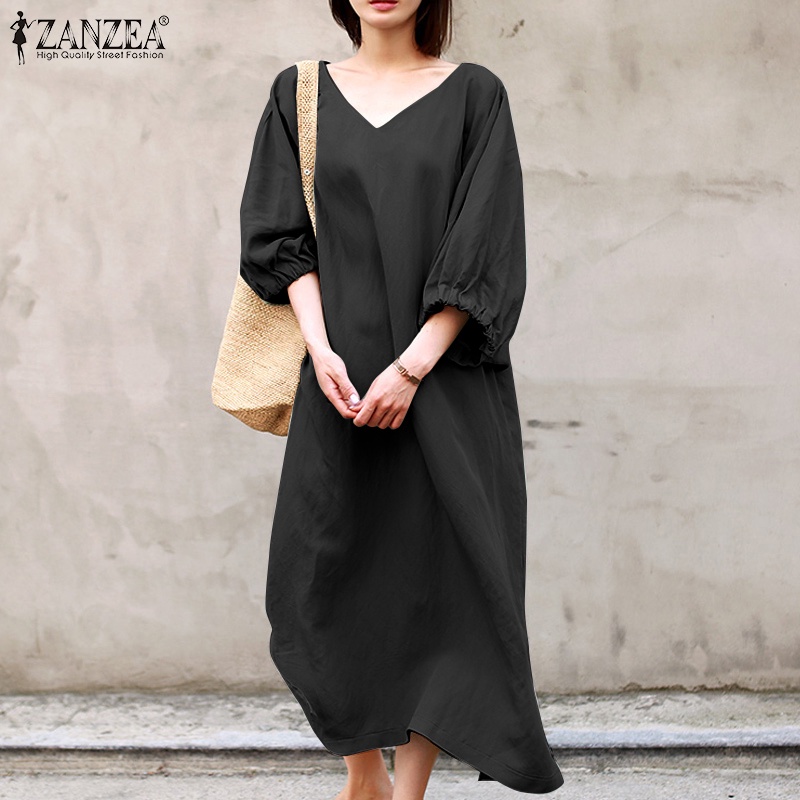 Đầm ZANZEA tay lửng màu trơn đơn giản hợp thời trang