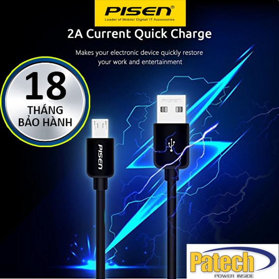 Cáp sạc Nhanh Pisen chính hãng cổng Micro Usb | Hỗ trợ sạc nhanh các dòng Android, Patech phân phối Bảo hành 18 tháng.