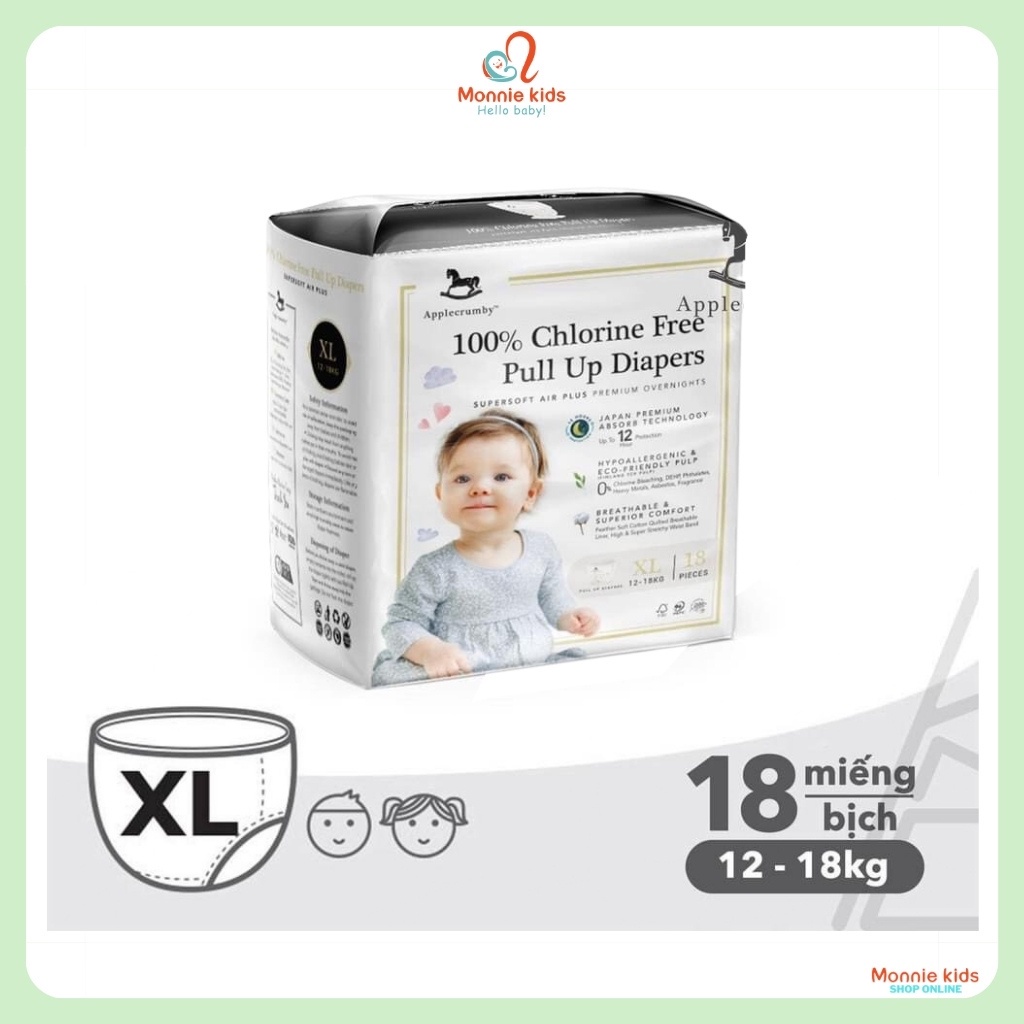 Bỉm quần cho bé Applecrumby M15/L14/XL13/XXL12, tã quần siêu mỏng cho trẻ - Monnie Kids