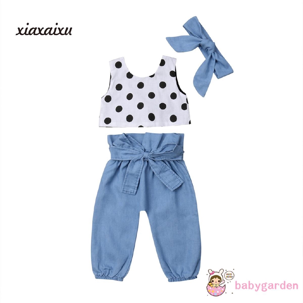 Bộ áo ba lỗ họa tiết chấm bi kèm quần dài và băng đô thắt nơ dễ thương cho bé gái