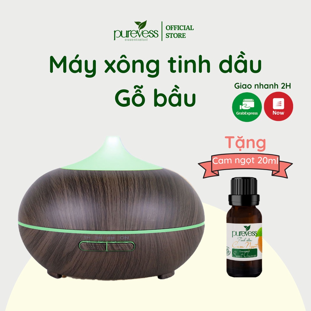 Máy xông tinh dầu Purevess gỗ 350ml - hàng chính hãng, bảo hành 6 tháng, phun sương tạo ẩm, khuếch tán tinh dầu