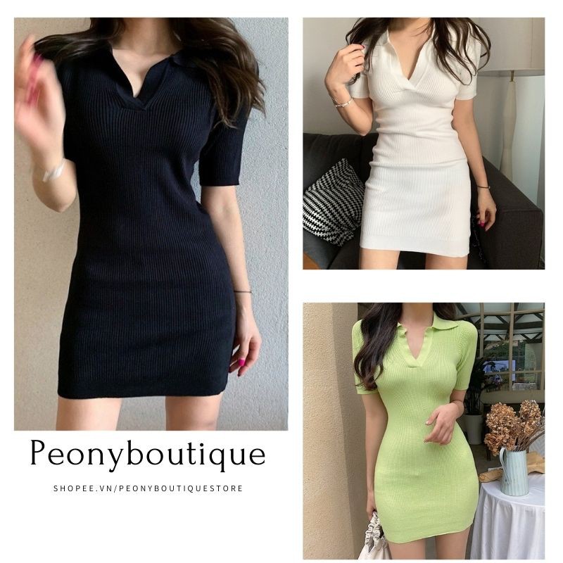 Váy Thun Tăm Cộc Tay Polo Cổ Chữ V 🌺 Đầm suông dáng ngắn ôm body tay lỡ kiểu dáng sexy, cá tính Ulzzang 🌺