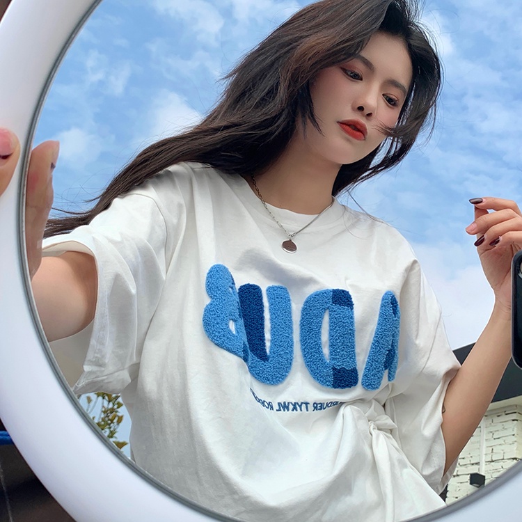 Porozi Áo thun  cổ tròn thêu chữ phong cách Hàn Quốc cho nữ