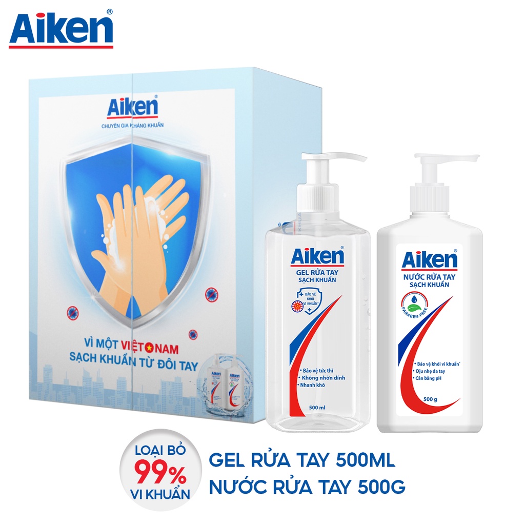 Hộp quà Aiken sạch khuẩn gồm nước rửa tay 500g và Gel rửa tay 500ml