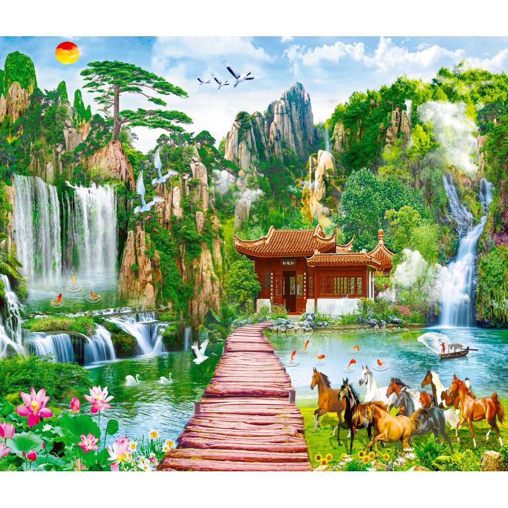 Tranh dán tường 3D sơn thủy - VẢI LỤA  phủ kim sa (kích thước theo yêu cầu)