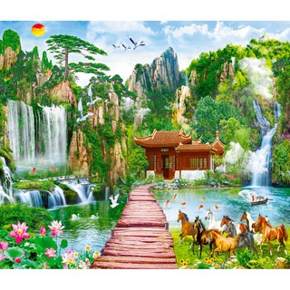 Tranh dán tường 3D sơn thủy - VẢI LỤA  phủ kim sa (kích thước theo yêu cầu)