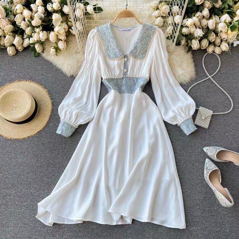 Đầm voan midi tiểu thư cổ sen đính viền ngọc tay dài