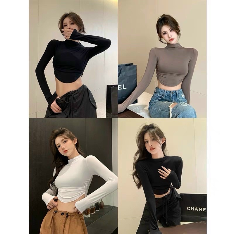 ÁO CROPTOP CỔ LỌ TÀ V TAY DÀI THU ĐÔNG