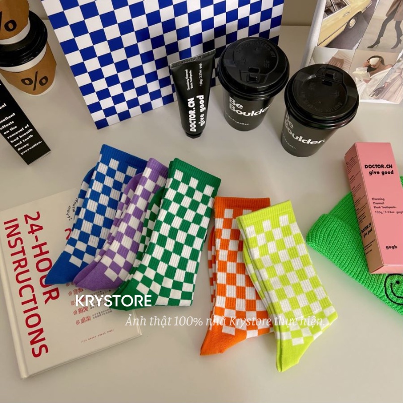 Tất cao cổ Kẻ Caro sắc màu nam nữ unisex chất đẹp TC36