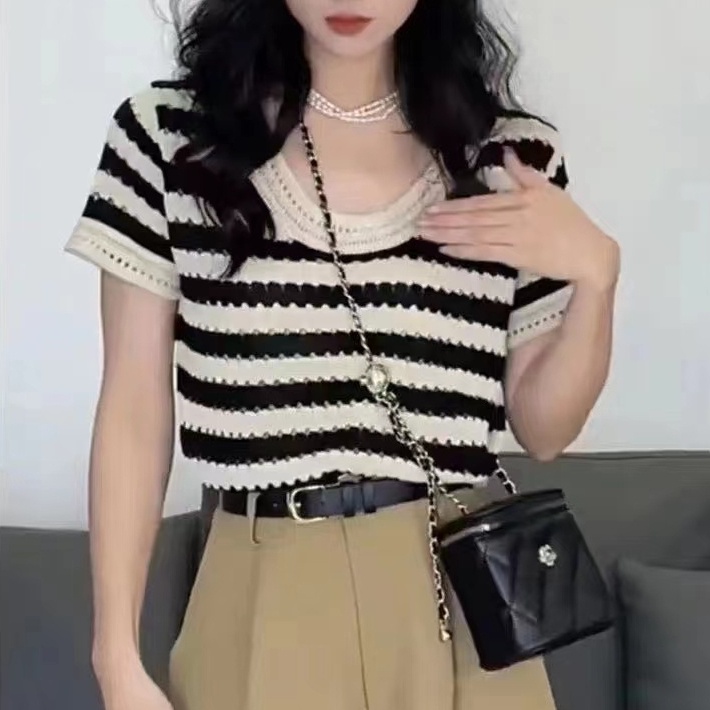 SUXI Áo Thun Dệt Kim Mỏng Dáng Rộng Tay Ngắn Kẻ Sọc Kiểu Vintage Thời Trang Mùa Hè Cho Nữ