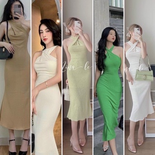 Đầm maxi cổ yếm xoắn kem xanh nâu trắng ( về xanh lá xẻ tà )