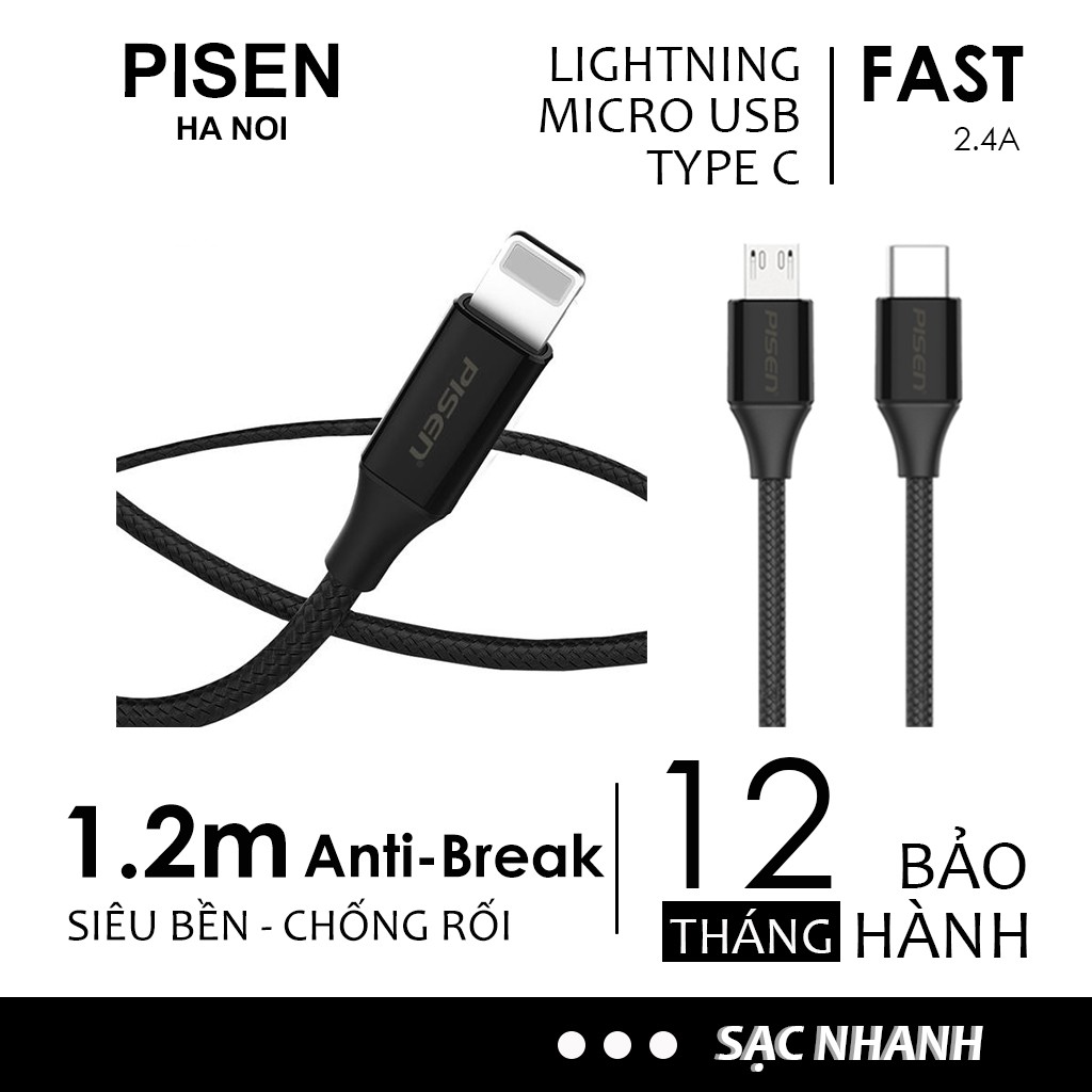 Dây cáp sạc PISEN Micro usb type-c lightning 2.4A chống gãy 1,20m Chính Hãng cho điện thoại
