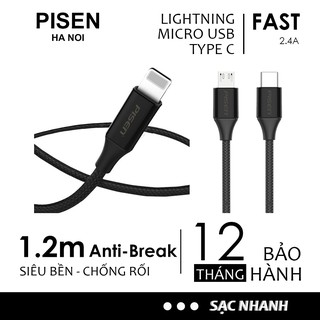 dây cáp sạc pisen micro usb type-c 2.4a chống gãy 1,20m chính hãng cho điện thoại