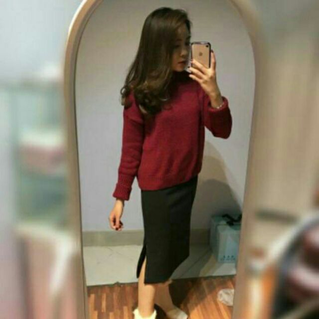 Chân váy len dài xẻ ( Ảnh thật)