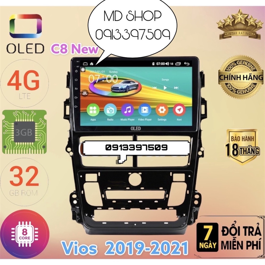 Màn hình android OLED C8 New theo xe Vios 2019 - 2021 ĐH Tự động kèm dưỡng và jack nguồn zin theo xe