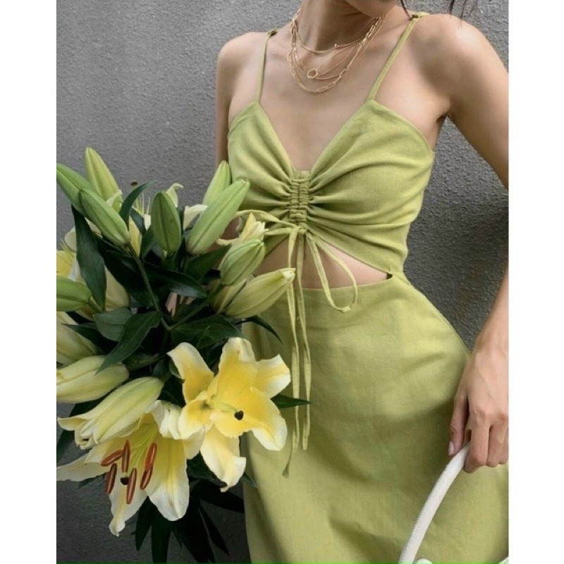 đầm midi 2 dây xanh