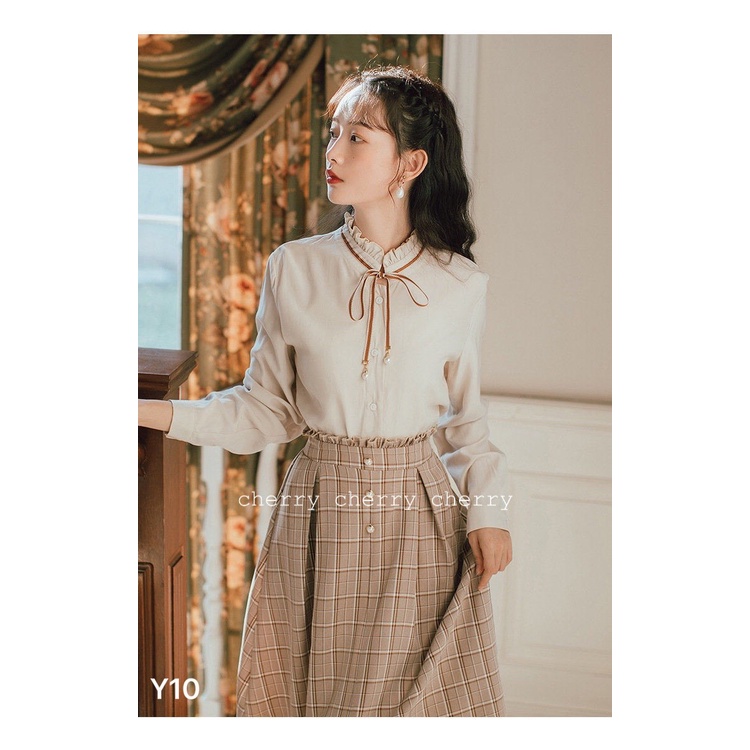 Sét đồ công sở cổ nơ váy kẻ Y10