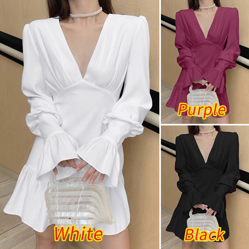 Đầm mini ZANZEA tay xòe cổ V viền nhún bèo thời trang thanh lịch cho nữ