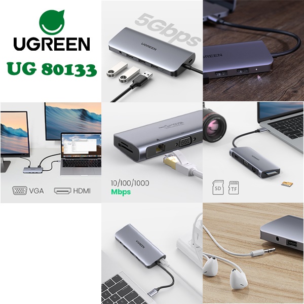 HUB USB C 10 in 1 UGREEN 80133 USB C to 3 USB 3.0 + HDMI 4K + VGA + RJ45 Gigabit + SD/TF + Audio 3.5mm + PD Power Delive