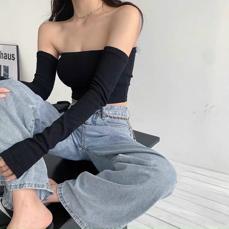 ÁO CROPTOP KIỂU TAY DÀI BẸT VAI THUN CO GIÃN